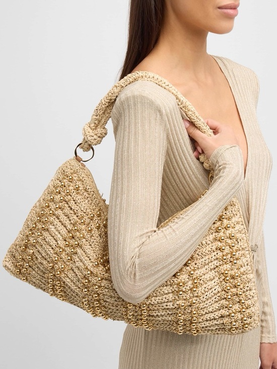 cult gaia Handbags - Cult Gaia Hera Raffia Shoulder Bag with Gold Beaded Embellishment